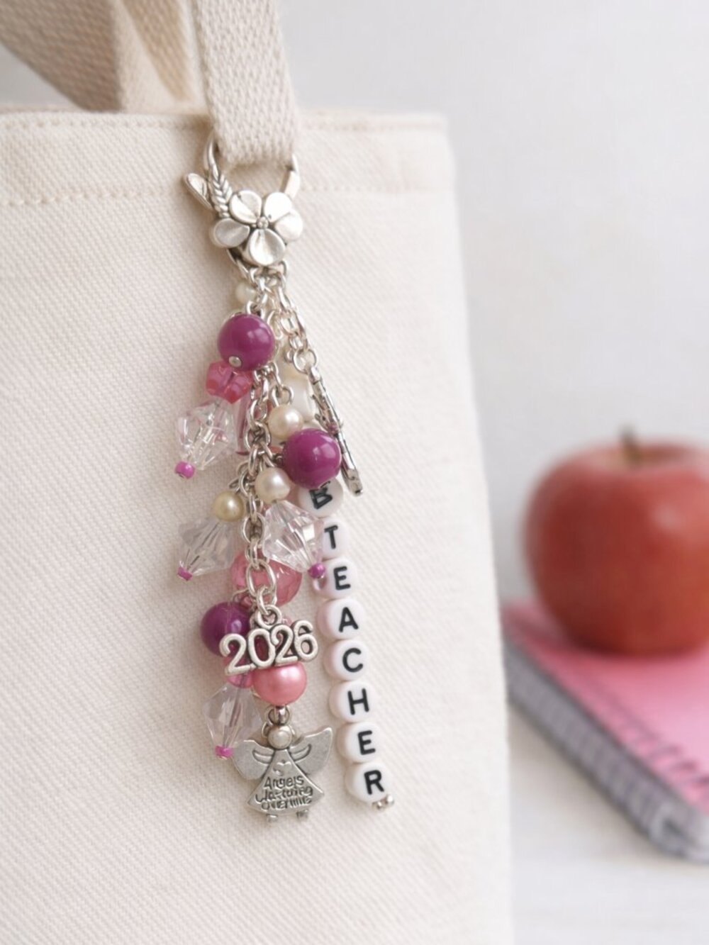 Teacher Bag Charm – Beaded Angel or Heart Keychain • 2026 Personalized